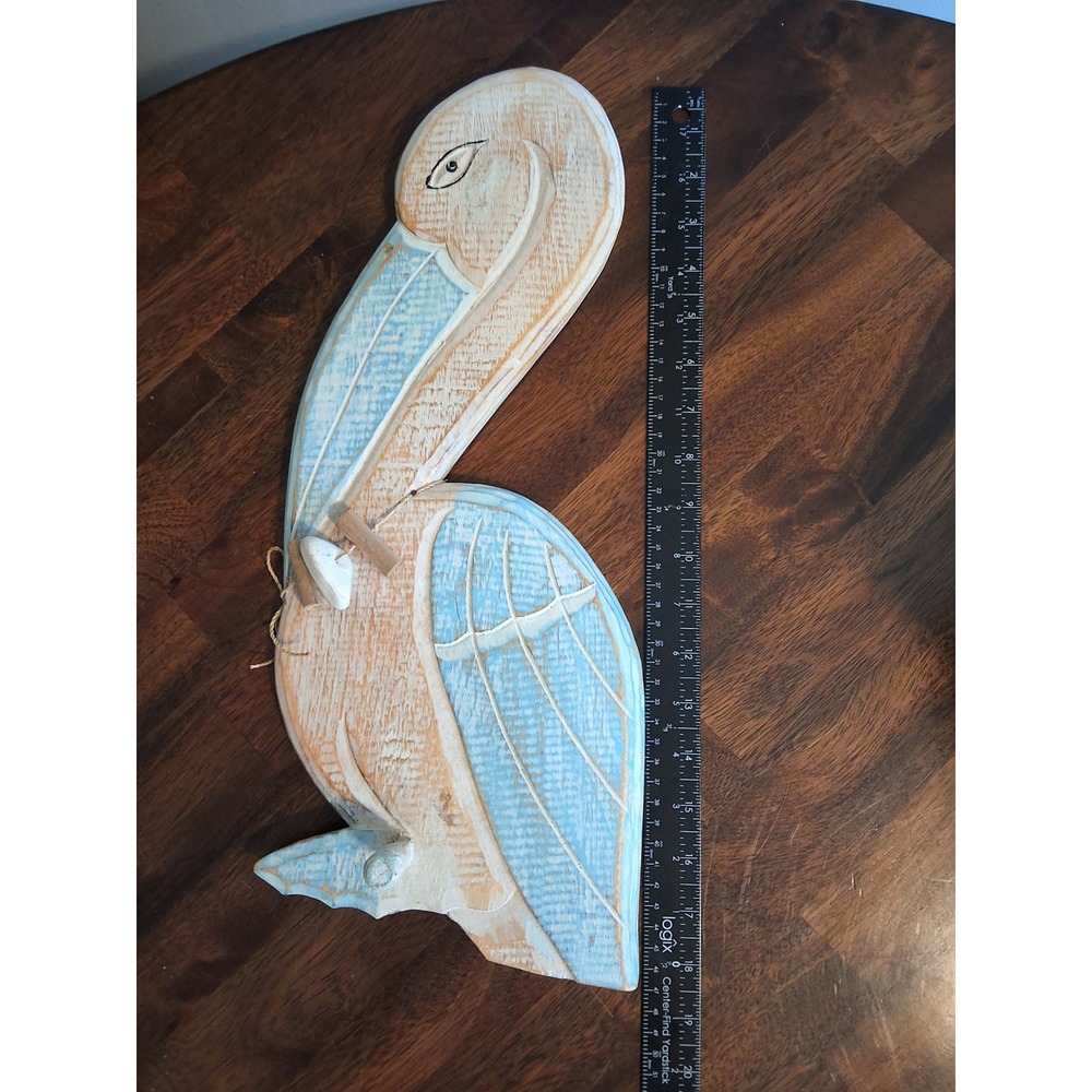Hand Carved Wooden Pelican Wall Art Coastal Nautical Distressed Blue White 18in - Picture 3 of 8